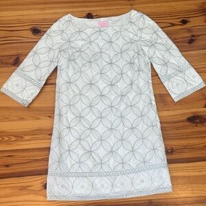 EUC Lilly Pulitzer White Silver 3/4 Sleeve Women’s Lyla Embroidered Dress size 8
